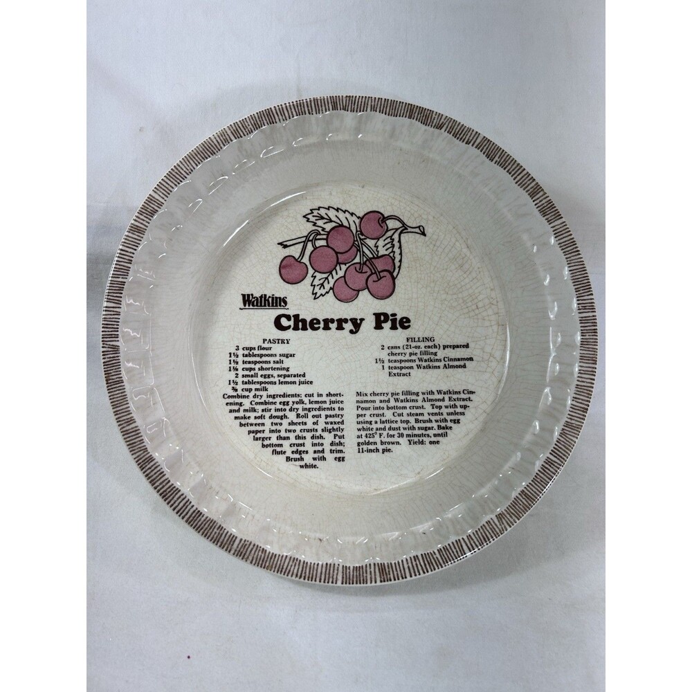 Vintage Watkins 11” Ceramic Cherry Pie Plate Deep Dish with Recipe #6294